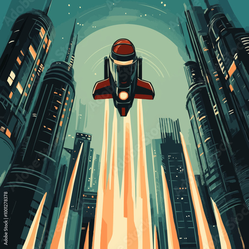Stylized vector of a retro-inspired jetpack with exhaust trails, flying through a futuristic cityscape.