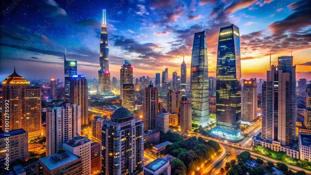 Obraz premium Vibrant cityscape of a flashy metropolitan area at dusk, featuring towering skyscrapers, neon lights, and a bustling