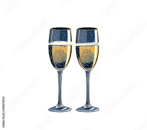 Stylized vector of champagne glasses clinking together to celebrate New Yearâ€™s Eve.