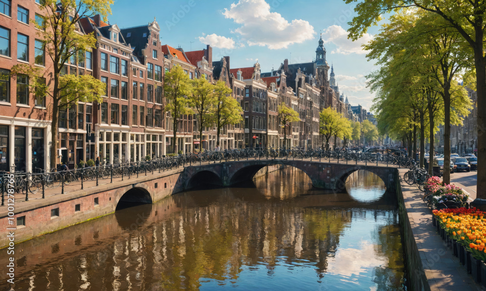 Naklejka premium A picturesque canal in Amsterdam with a brick bridge and colorful flowers