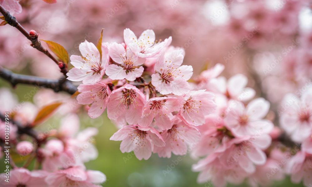 Pink cherry blossoms bloom in the spring, creating a delicate and beautiful display of nature's artistry Pink cherry blossoms bloom in the spring, creating a delicate and beautiful display of nature's artistry