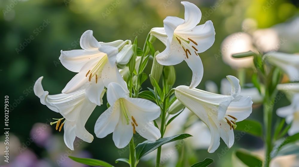 Fototapeta premium Elegant White Lilies Blossoming in the Lush Garden