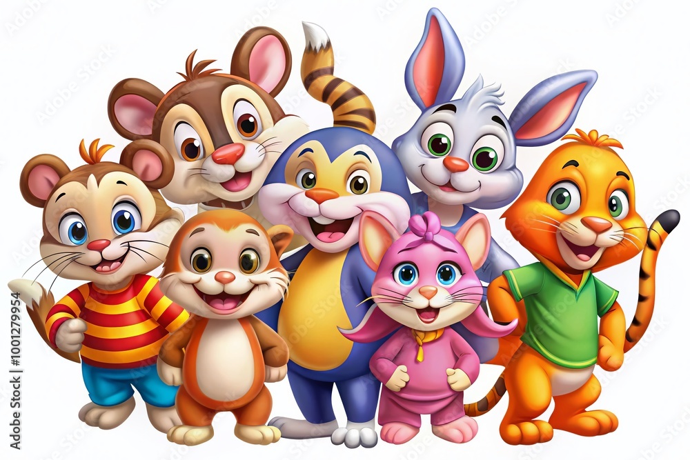 Vibrant, colorful cartoon friends, including a smiling tiger, happy rabbit, and curious monkey, isolated on a Vibrant, colorful cartoon friends, including a smiling tiger, happy rabbit, and curious monkey, isolated on a