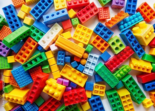 Vibrant, colorful collection of interconnected toy bricks of various shapes and sizes scattered across a white surface,