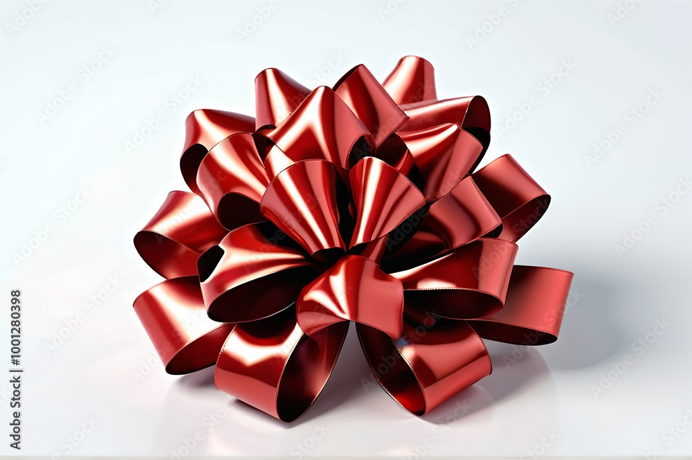 shiny red gift bow with multiple loops, creating a symmetrical and decorative design. The bow has a reflective surface, giving it a glossy and vibrant appearance. It is set against a plain, light-col shiny red gift bow with multiple loops, creating a symmetrical and decorative design. The bow has a reflective surface, giving it a glossy and vibrant appearance. It is set against a plain, light-col