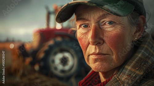 A woman with a green hat and a red tractor behind her
