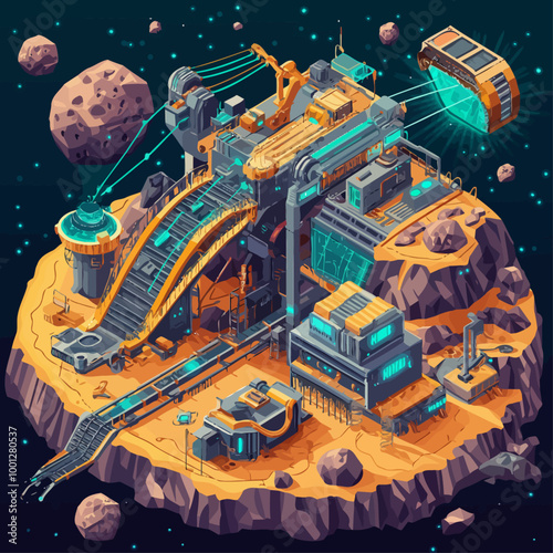 Asteroid Mining Isometric Illustration