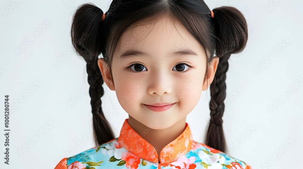Adorable Young Asian Girl with Braided Pigtails Wearing Orange Dress and Smiling Happily Adorable Young Asian Girl with Braided Pigtails Wearing Orange Dress and Smiling Happily