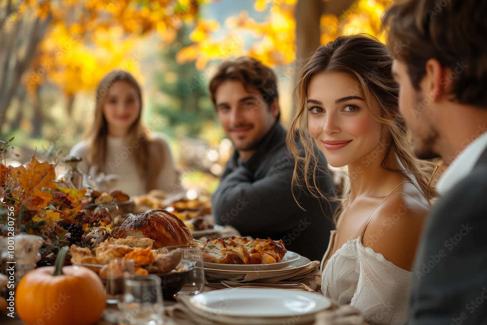 A family gathered around an outdoor table, enjoying a traditional Thanksgiving meal under a canopy of autumn trees. Soft lighting. Young woman looking and smiling at camera. A family gathered around an outdoor table, enjoying a traditional Thanksgiving meal under a canopy of autumn trees. Soft lighting. Young woman looking and smiling at camera.