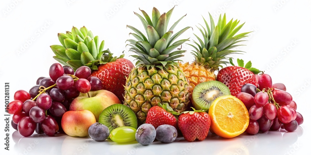 Vibrant colorful fruits, including strawberries, grapes, kiwi, and pineapple, arranged artfully on a crisp white Vibrant colorful fruits, including strawberries, grapes, kiwi, and pineapple, arranged artfully on a crisp white