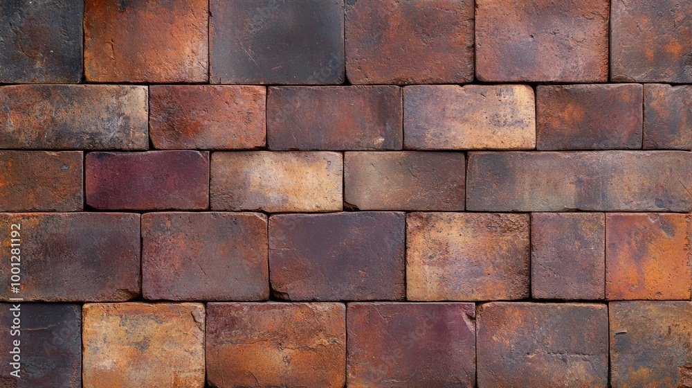 A close-up of a rustic brick wall with a variety of red, brown, and orange tones.