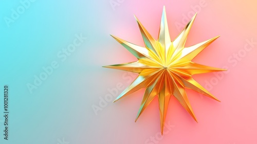 A vibrant gold starburst shape with glowing edges, positioned in front of a colorful gradient background for a festive look