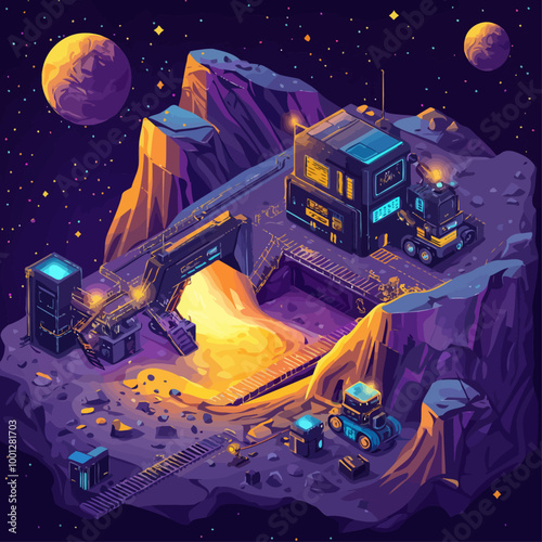 Asteroid Mining Isometric Illustration