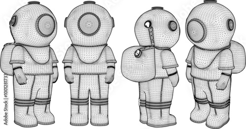 Vector sketch illustration of silhouette design of space astronaut standing on moon wearing protective suit of diver in sea water