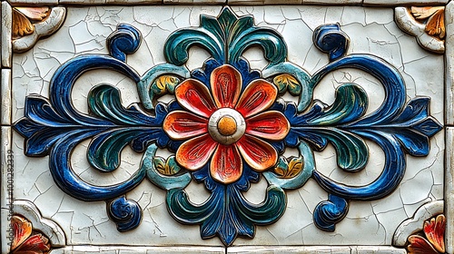 A vintage ceramic tile, with a floral motif and cracked glaze, carries an antique, well-loved feel.