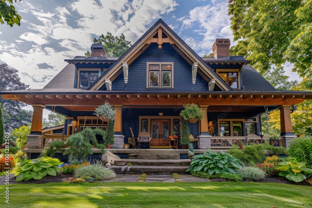 Elegant craftsman-style home in navy blue, decorative beams, large porch, and vibrant landscaping. Elegant craftsman-style home in navy blue, decorative beams, large porch, and vibrant landscaping.