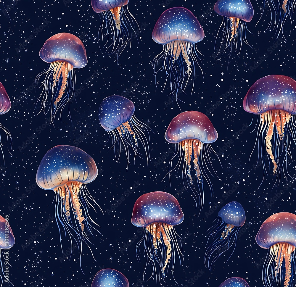 A seamless pattern of jellyfish on dark blue background A seamless pattern of jellyfish on dark blue background