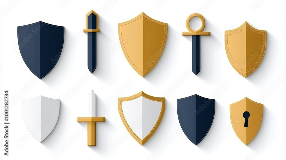 Set of flat design shield and sword icons in various colors. Set of flat design shield and sword icons in various colors.