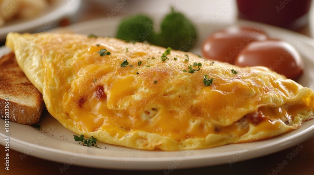A delicious omelet stuffed with melted cheese, resting on a plate with a side of toast, ready to be enjoyed. A delicious omelet stuffed with melted cheese, resting on a plate with a side of toast, ready to be enjoyed.