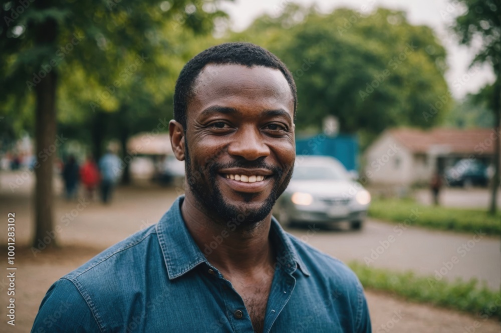 Close portrait of a smiling 40s Nigerian man looking at the camera, Nigerian outdoors blurred background Close portrait of a smiling 40s Nigerian man looking at the camera, Nigerian outdoors blurred background