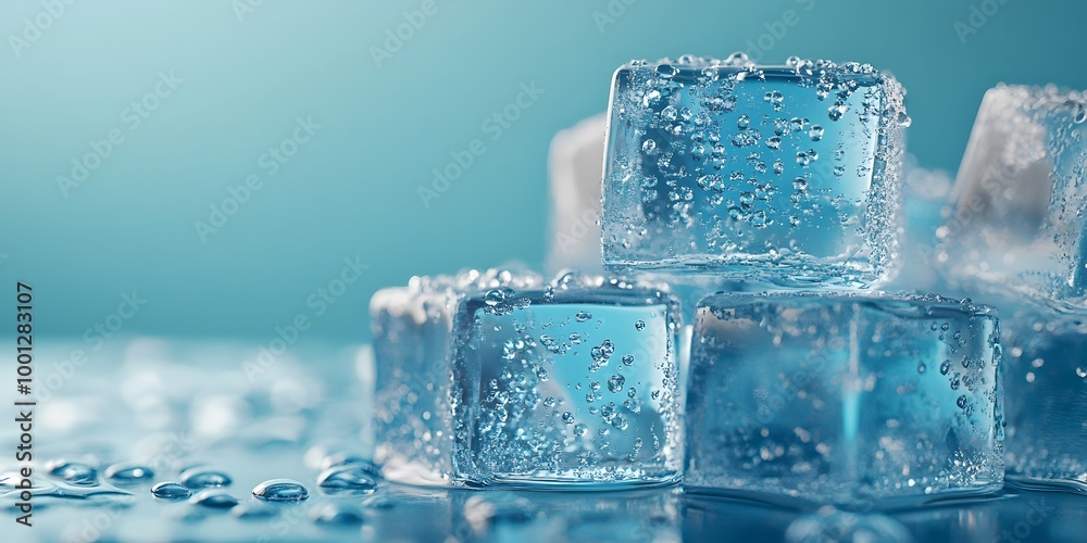 Stacked transparent ice cubes with realistic water droplets and a melting effect are presented in macro photography, featuring a cool blue tint and studio lighting for crystal-clear detail. Stacked transparent ice cubes with realistic water droplets and a melting effect are presented in macro photography, featuring a cool blue tint and studio lighting for crystal-clear detail.