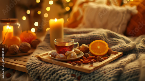 Cozy autumn tea time with nuts and citrus