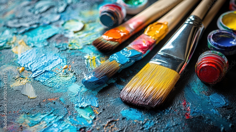 Obraz premium Vibrant Art Studio Essentials: Paintbrushes, Palettes and Colors.