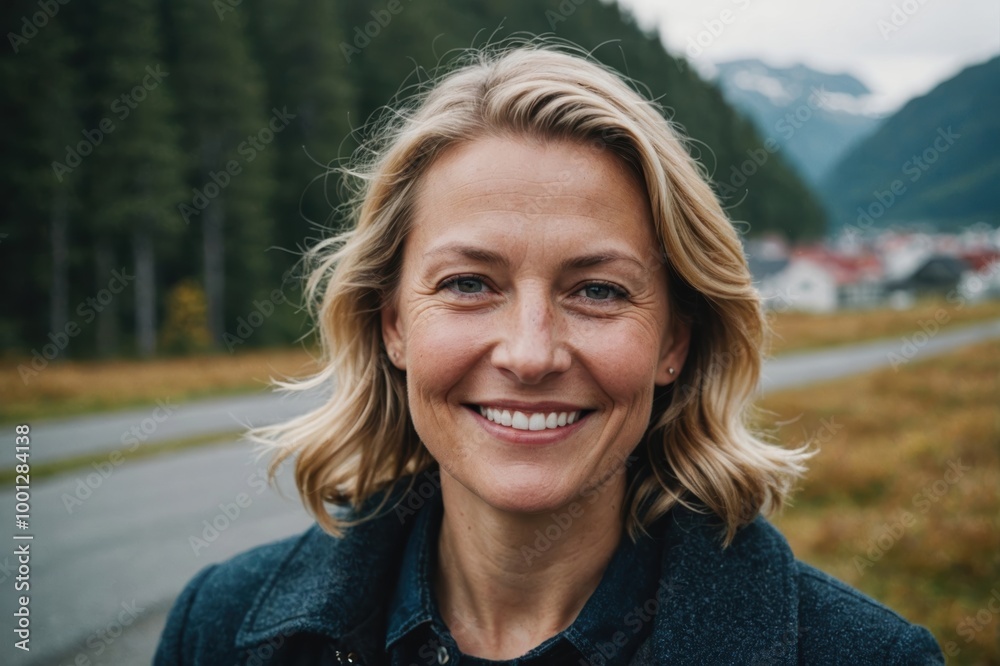 Close portrait of a smiling 40s Norwegian woman looking at the camera, Norwegian outdoors blurred background