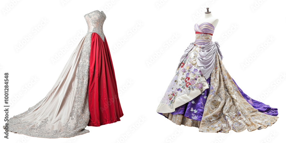 A luxury evening gown silk fabric intricate embroidery jewel tones isolated on white and transparent background