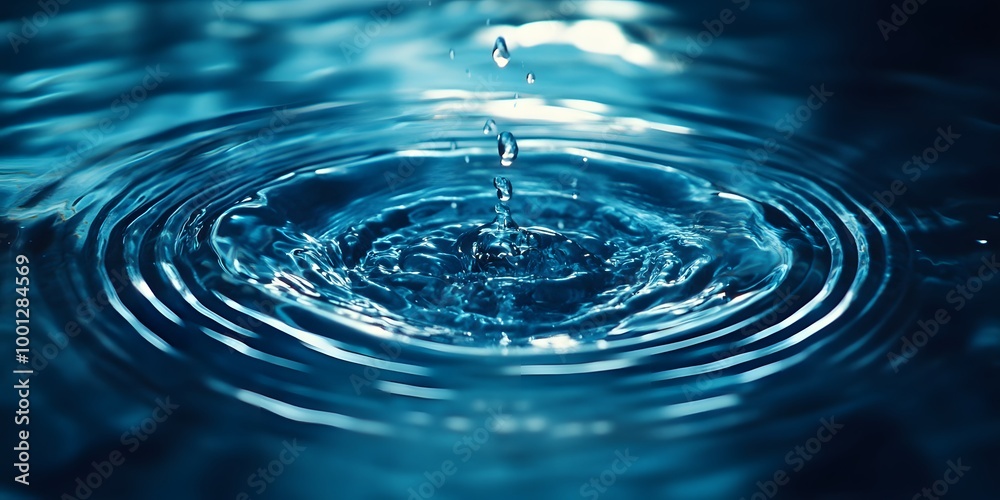 Blue-toned water droplet impact creates concentric ripples in a high-speed macro shot, emphasizing liquid surface tension and crystal-clear detail in a minimalist composition. Blue-toned water droplet impact creates concentric ripples in a high-speed macro shot, emphasizing liquid surface tension and crystal-clear detail in a minimalist composition.