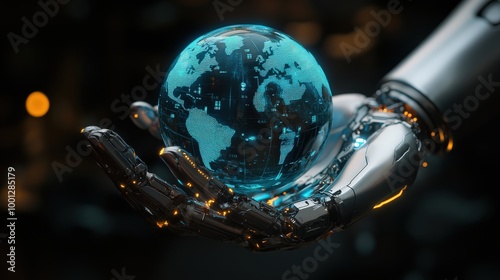 Futuristic robotic hand holding digital globe with technology data overlay