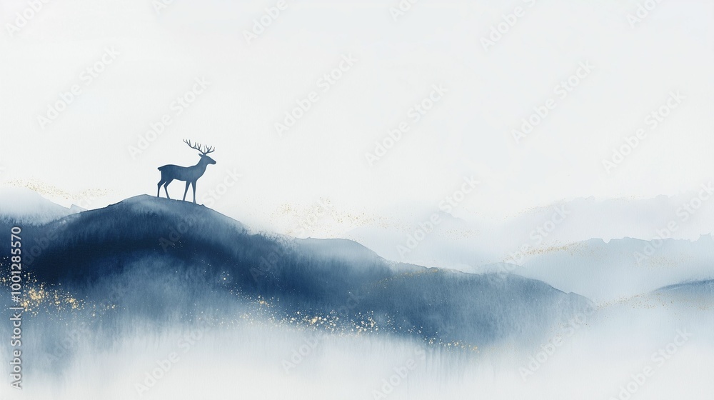 Fototapeta premium Watercolor silhouette of a deer on a foggy mountain landscape with blue tones
