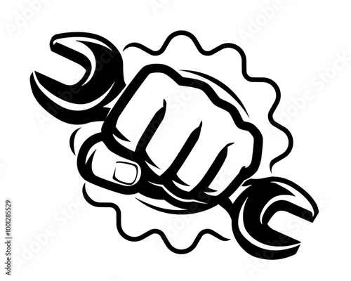 Tool wrench in hand and gear. Workshop, service repair symbol or sign