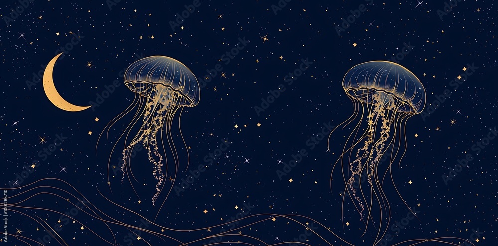 A whimsical illustration of jellyfish floating in the night sky A whimsical illustration of jellyfish floating in the night sky