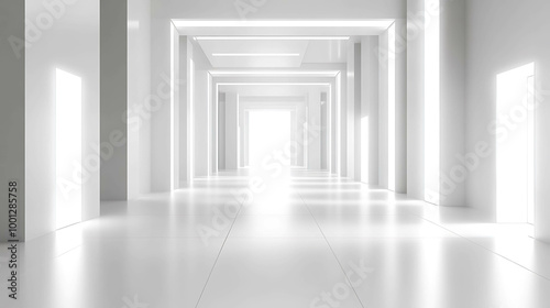 A bright, clean, and minimalist hallway with white walls and a glowing light at the end.
