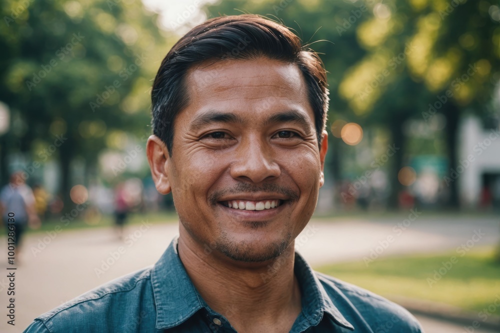 Close portrait of a smiling 40s Filipino man looking at the camera, Filipino outdoors blurred background Close portrait of a smiling 40s Filipino man looking at the camera, Filipino outdoors blurred background