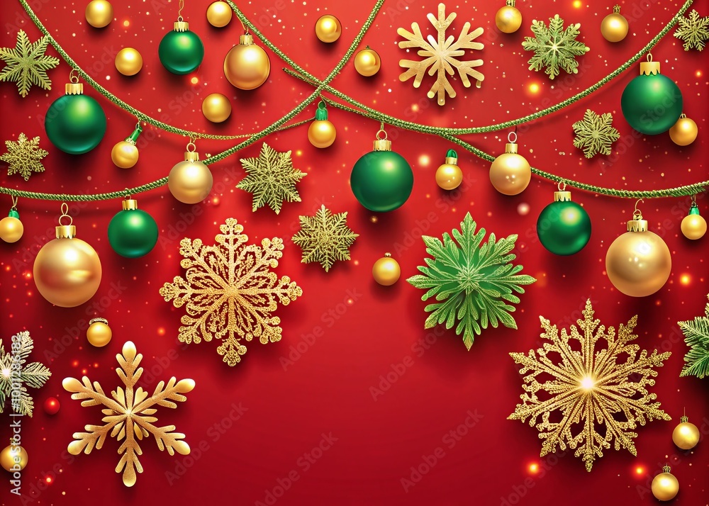 Vibrant festive background with snowflakes, garlands, and ornaments in shades of red, green, and gold, perfect for Vibrant festive background with snowflakes, garlands, and ornaments in shades of red, green, and gold, perfect for