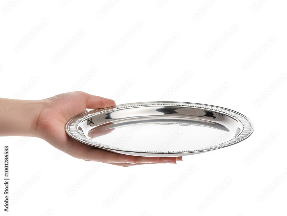 Hand holding a silver tray, isolated on a white background, waiter gesture. PNG transparent. Hand holding a silver tray, isolated on a white background, waiter gesture. PNG transparent.
