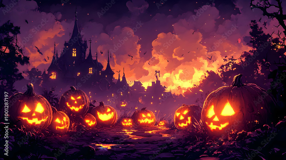 Spooky Halloween Night with Jack-o'-Lanterns and a Haunted Castle Spooky Halloween Night with Jack-o'-Lanterns and a Haunted Castle