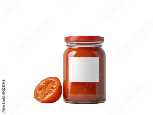 Tomato sauce jar with blank label and half tomato on white background. PNG transparent. photo