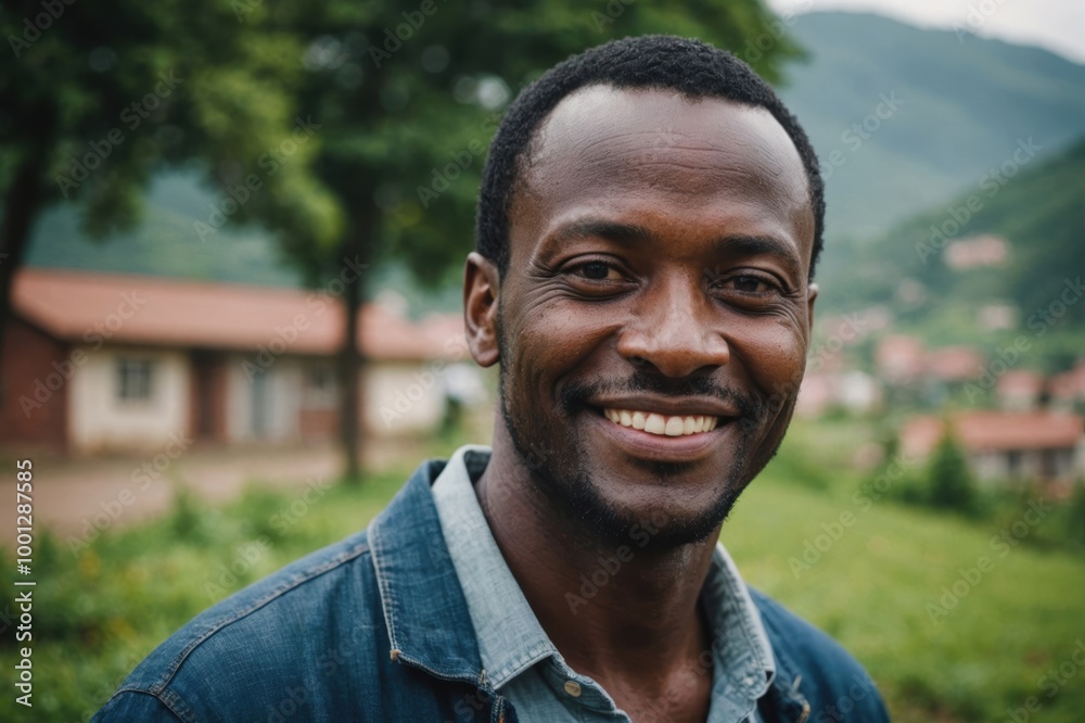 Close portrait of a smiling 40s Rwandan man looking at the camera, Rwandan outdoors blurred background Close portrait of a smiling 40s Rwandan man looking at the camera, Rwandan outdoors blurred background