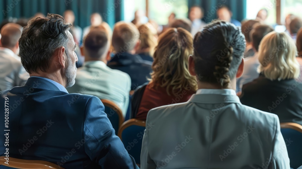 Obraz premium Rear view of business professionals listening to a speaker at a conference.
