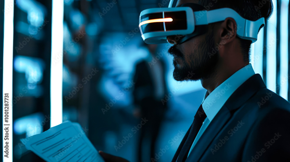 Businessman wearing VR headset working in server room. Businessman wearing VR headset working in server room.