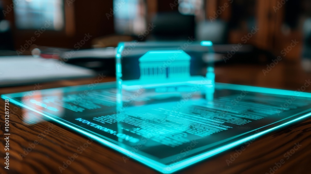 Glass model of a building on a desk with a glowing blue light. Glass model of a building on a desk with a glowing blue light.