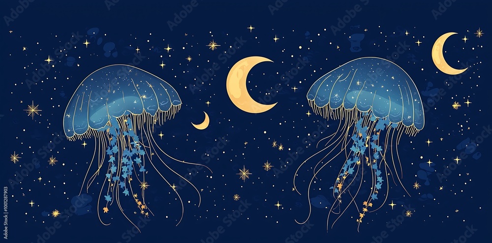 A whimsical illustration of jellyfish floating in the night sky A whimsical illustration of jellyfish floating in the night sky