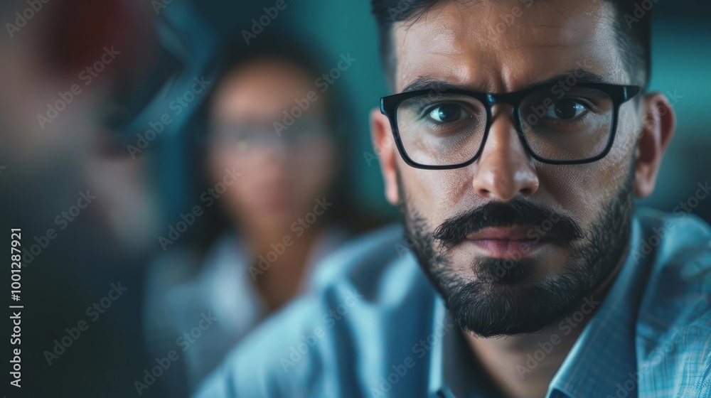 Focused businessman with beard looking at camera in office. Focused businessman with beard looking at camera in office.