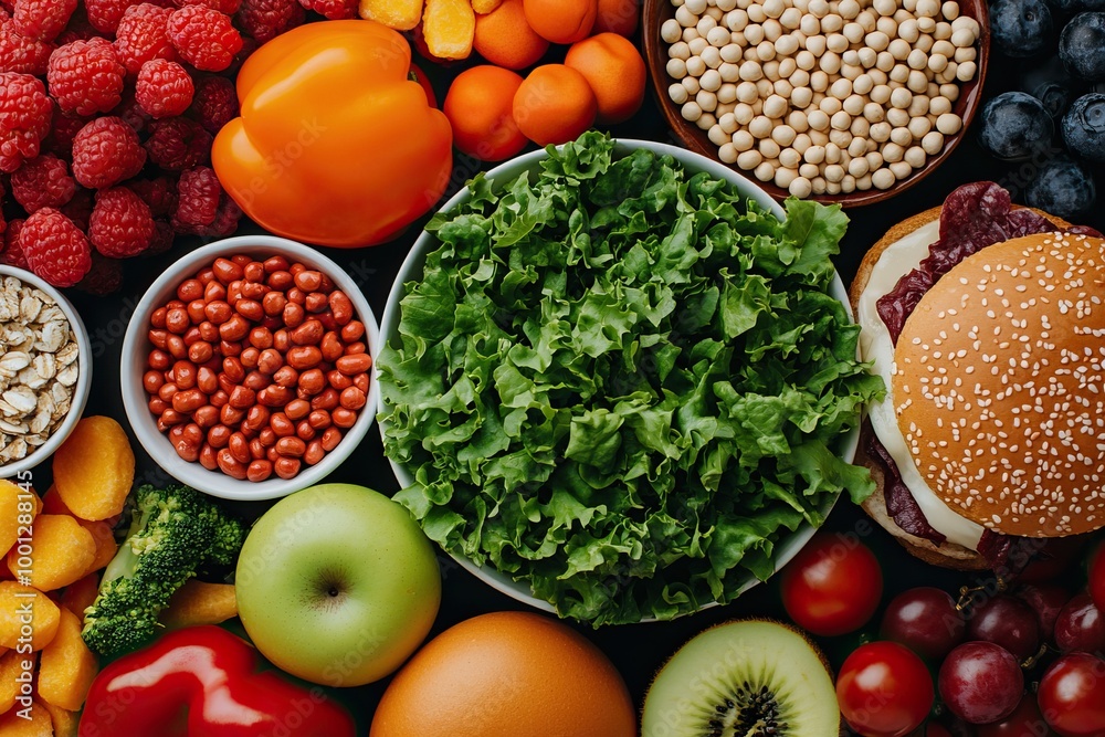 A colorful array of fresh fruits, vegetables, and healthy snacks arranged beautifully, showcasing a vibrant and nutritious selection for healthy eating.