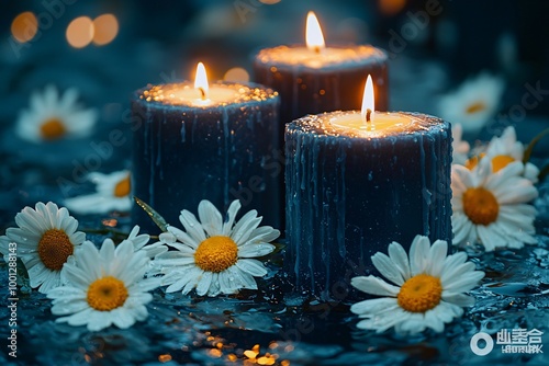 A serene composition for Day of the Dead (Dia De Los Muertos) featuring flickering candles and white daisies, ideal for commemorations and festive designs. photo