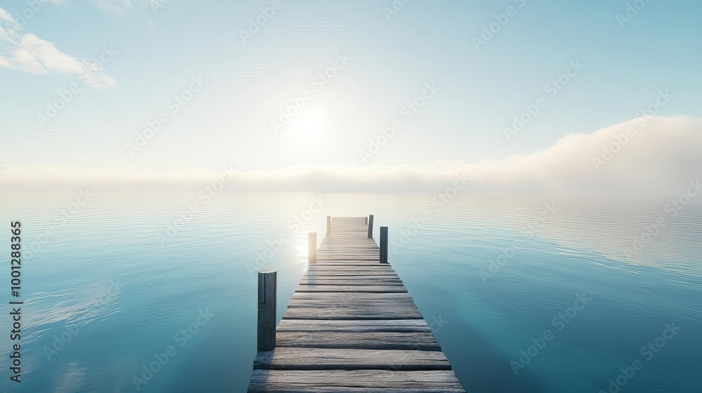 Abandoned pier, fog rolling in, serene waters, 3D illustration Abandoned pier, fog rolling in, serene waters, 3D illustration