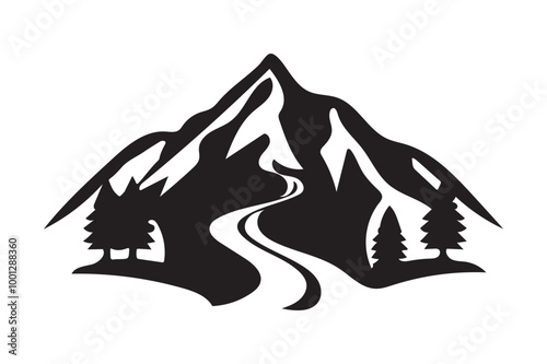 A vector illustration of a mountain with a central track silhouette against a white backdrop.